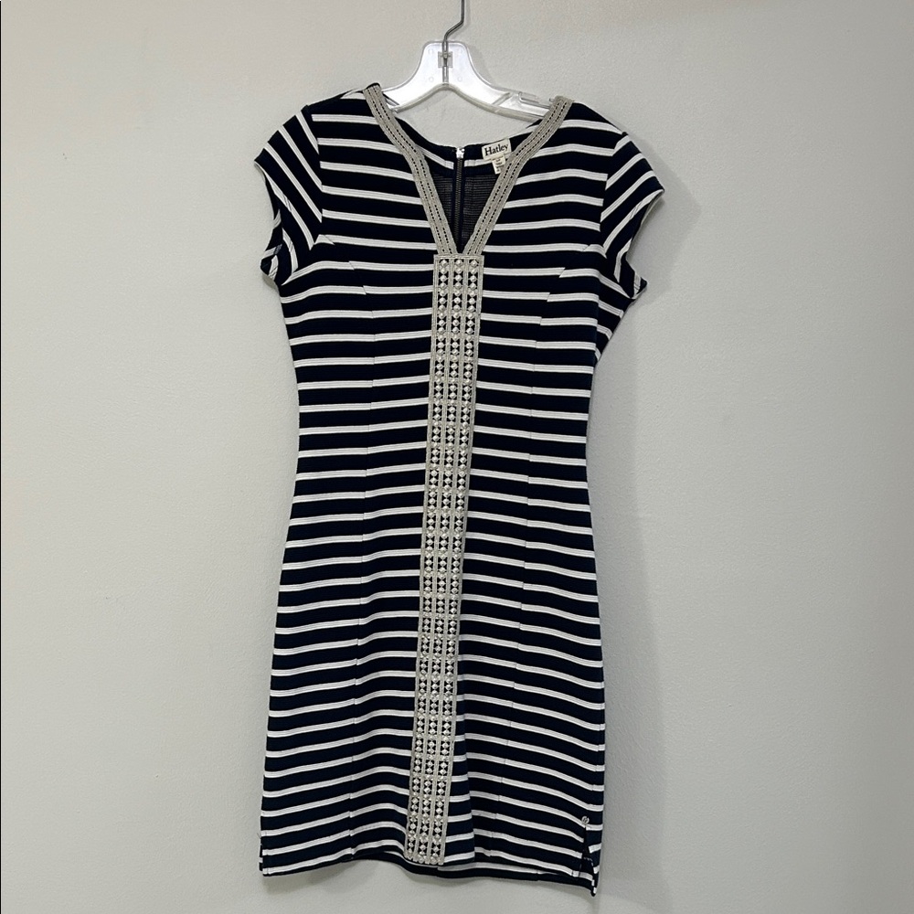HATLEY Dk Navy & White Striped Knit Dress with Embellished Trim